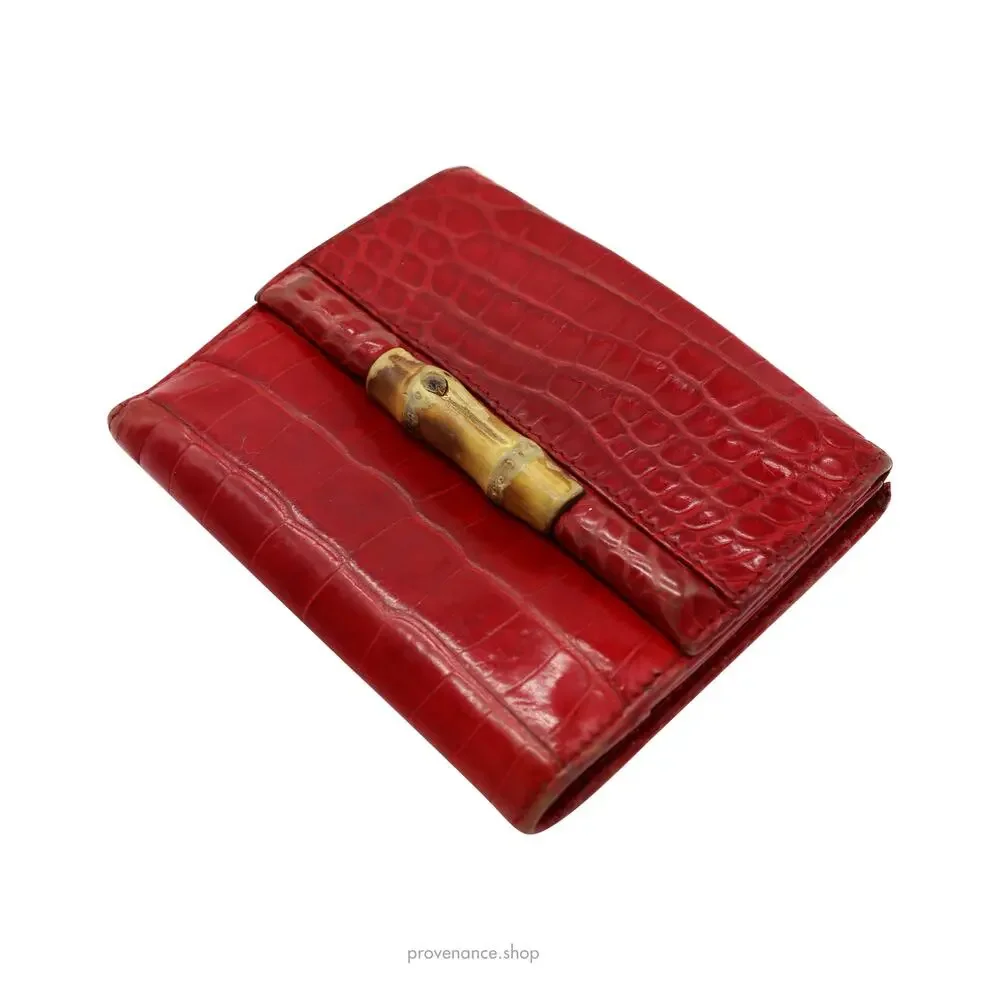 🔴 Gucci Bamboo Trifold Wallet - Red Crocodile Leather